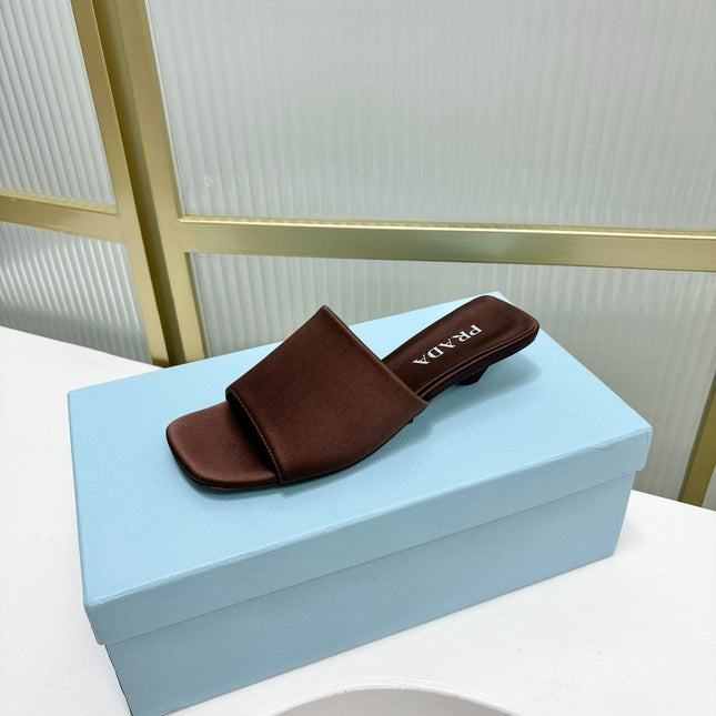 PRA TRIANGLE HEEL SATIN SLIPPERS BROWN
