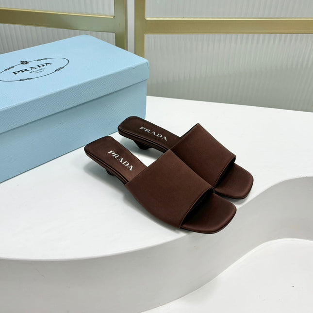 PRA TRIANGLE HEEL SATIN SLIPPERS BROWN