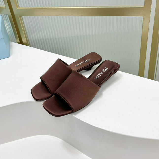 PRA TRIANGLE HEEL SATIN SLIPPERS BROWN