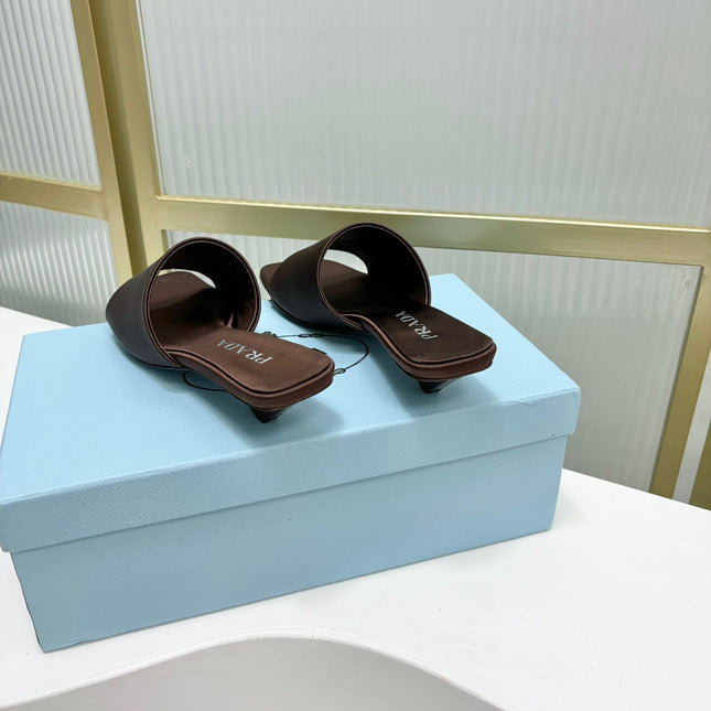 PRA TRIANGLE HEEL SATIN SLIPPERS BROWN