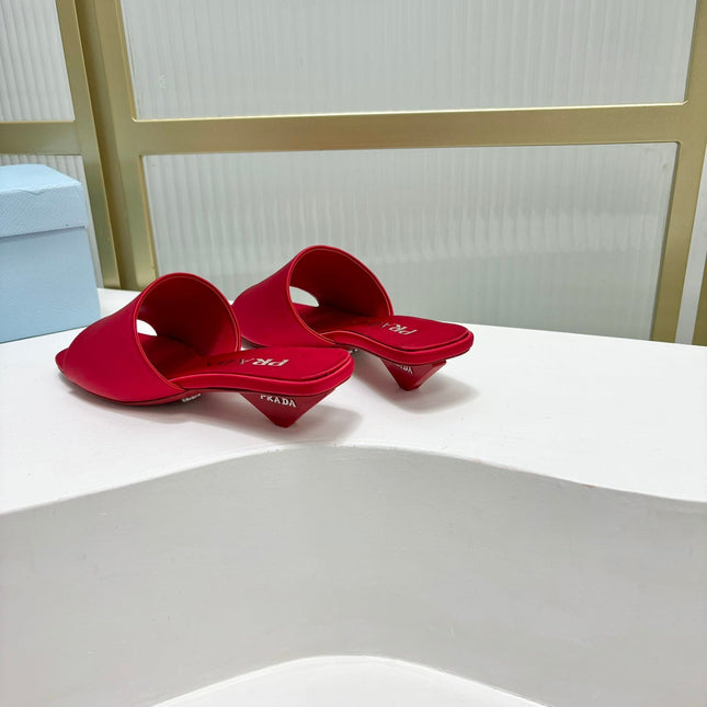 PRA TRIANGLE HEEL SATIN SLIPPERS CRIMSON