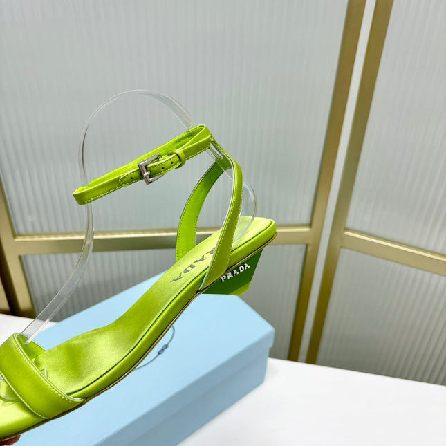 PRA TRIANGLE HEEL SATIN SANDALS CHARTREUSE
