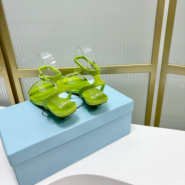 PRA TRIANGLE HEEL SATIN SANDALS CHARTREUSE