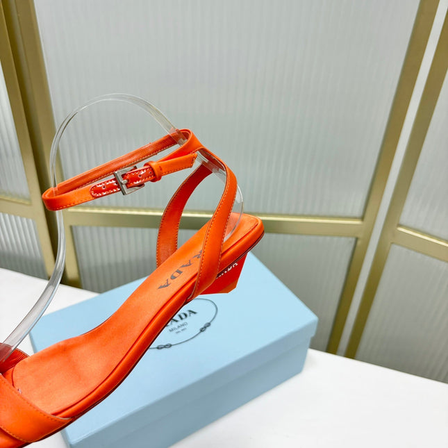 PRA TRIANGLE HEEL SATIN SANDALS BRIGHT ORANGE