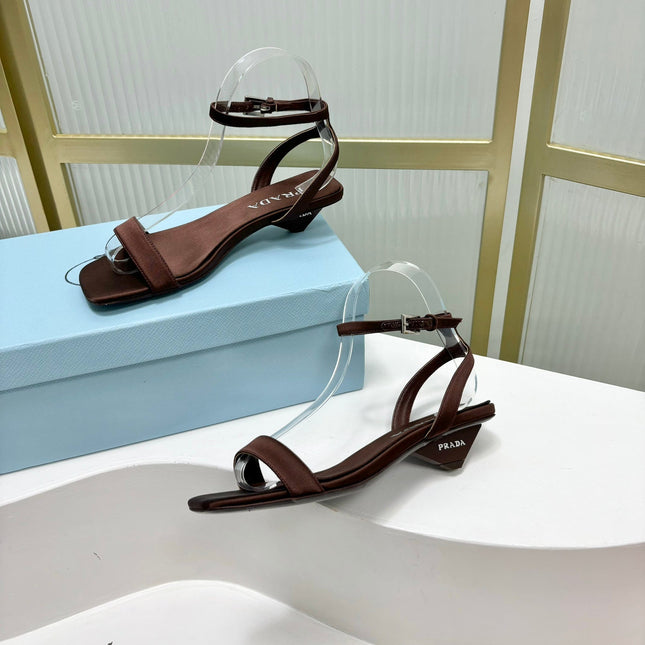 PRA TRIANGLE HEEL SATIN SANDALS BROWN