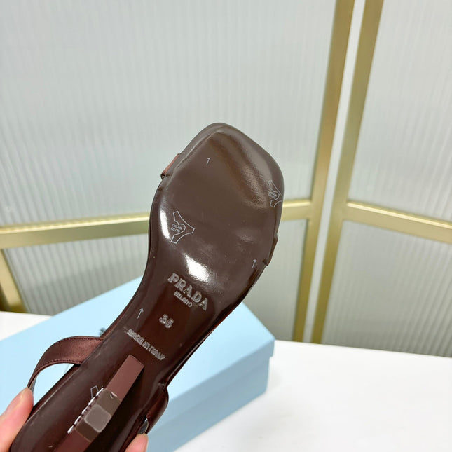 PRA TRIANGLE HEEL SATIN SANDALS BROWN