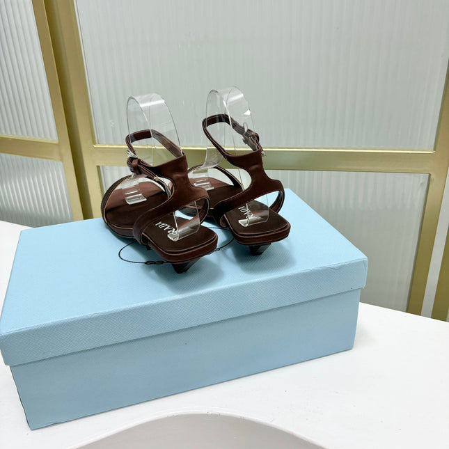PRA TRIANGLE HEEL SATIN SANDALS BROWN