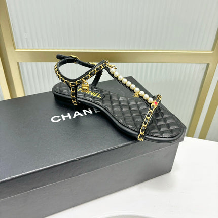 SANDALS PEARL CHAIN IN BLACK COWHIDE