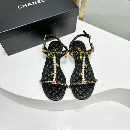 SANDALS PEARL CHAIN IN BLACK COWHIDE