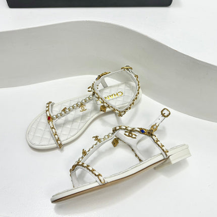 SANDALS PEARL CHAIN IN WHITE COWHIDE