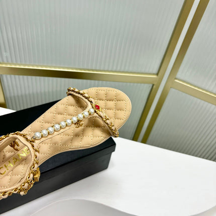 SANDALS PEARL CHAIN IN BEIGE CREAM COWHIDE
