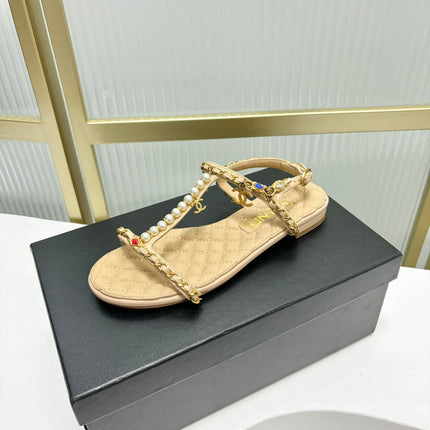 SANDALS PEARL CHAIN IN BEIGE CREAM COWHIDE