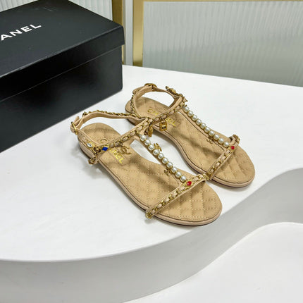 SANDALS PEARL CHAIN IN BEIGE CREAM COWHIDE