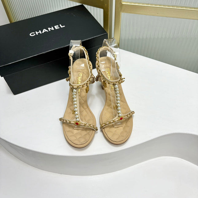 HIGH HEELS PEARL CHAIN IN BEIGE CREAM COWHIDE