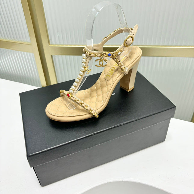 HIGH HEELS PEARL CHAIN IN BEIGE CREAM COWHIDE