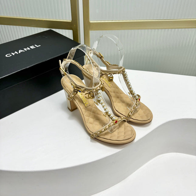 HIGH HEELS PEARL CHAIN IN BEIGE CREAM COWHIDE