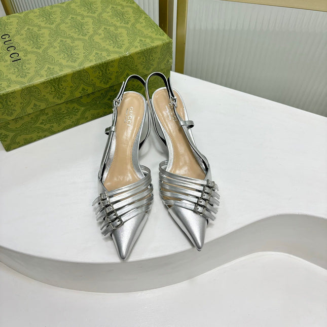 SLINGBACK PUMP 6 CM IN SILVER GLOSSY CALFSKIN