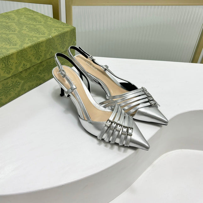 SLINGBACK PUMP 6 CM IN SILVER GLOSSY CALFSKIN