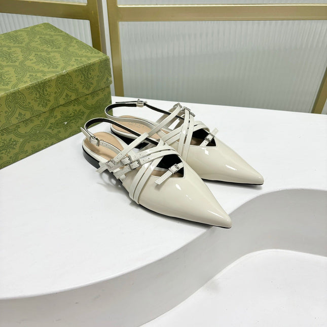 STRAPPY FLAT SLINGBACK IN WHITE GLOSSY CALFSKIN