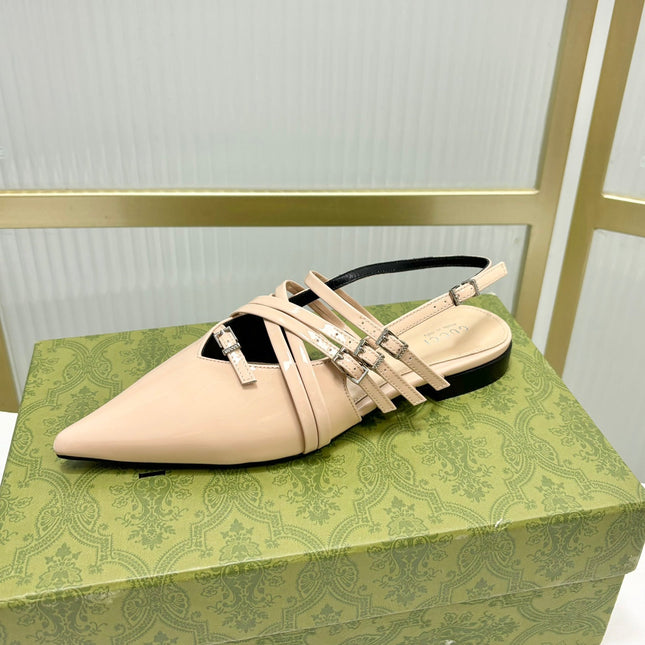 STRAPPY FLAT SLINGBACK IN BEIGE CREAM GLOSSY CALFSKIN