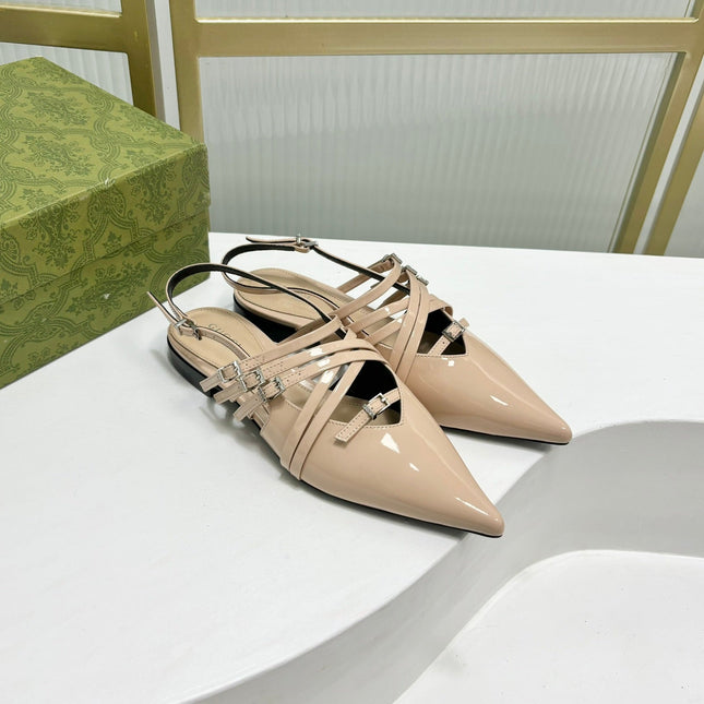 STRAPPY FLAT SLINGBACK IN BEIGE CREAM GLOSSY CALFSKIN