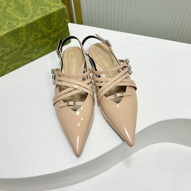 STRAPPY FLAT SLINGBACK IN BEIGE CREAM GLOSSY CALFSKIN