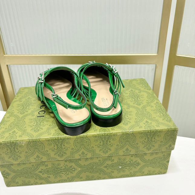 STRAPPY FLAT SLINGBACK IN EMERALD GREEN GLOSSY CALFSKIN