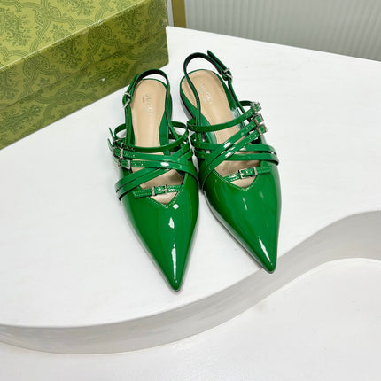 STRAPPY FLAT SLINGBACK IN EMERALD GREEN GLOSSY CALFSKIN