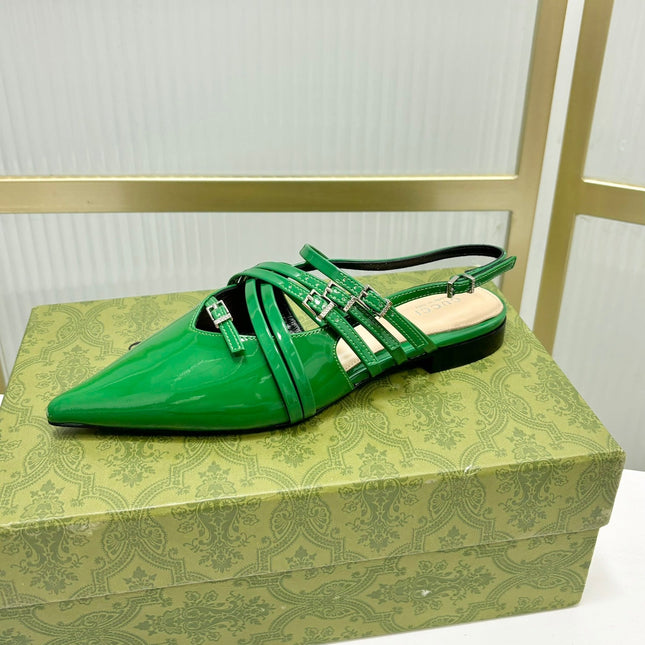 STRAPPY FLAT SLINGBACK IN EMERALD GREEN GLOSSY CALFSKIN