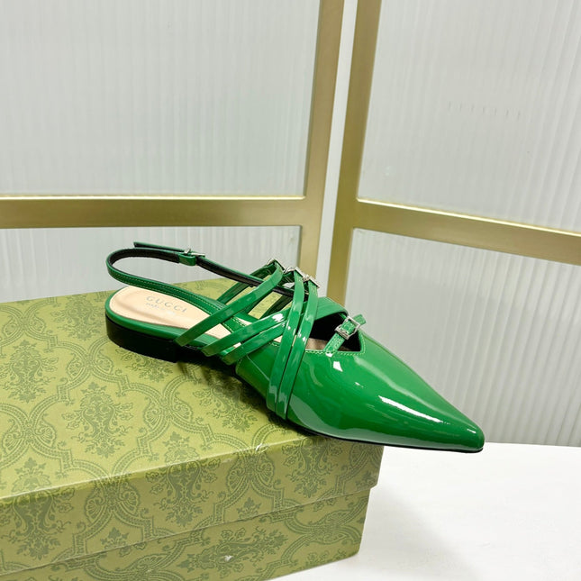 STRAPPY FLAT SLINGBACK IN EMERALD GREEN GLOSSY CALFSKIN
