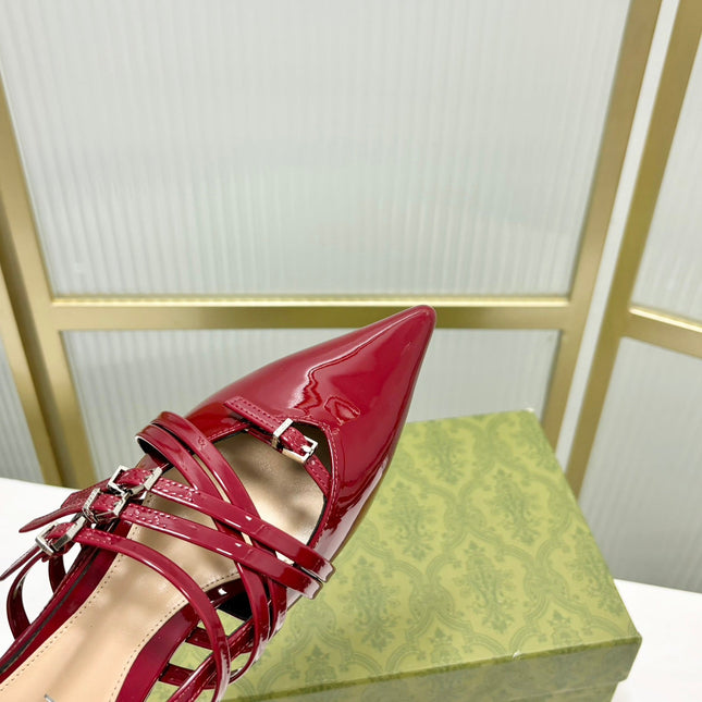 STRAPPY FLAT SLINGBACK IN SCARLET RED GLOSSY CALFSKIN