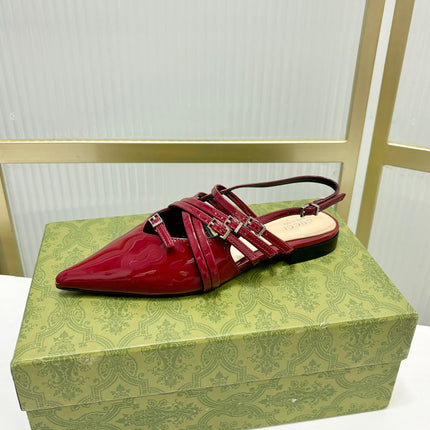 STRAPPY FLAT SLINGBACK IN SCARLET RED GLOSSY CALFSKIN