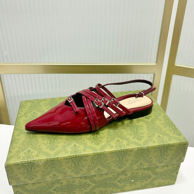 STRAPPY FLAT SLINGBACK IN SCARLET RED GLOSSY CALFSKIN