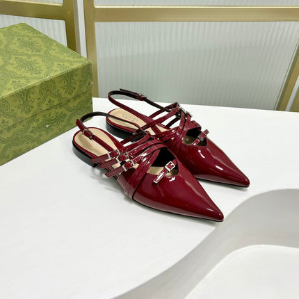 STRAPPY FLAT SLINGBACK IN SCARLET RED GLOSSY CALFSKIN