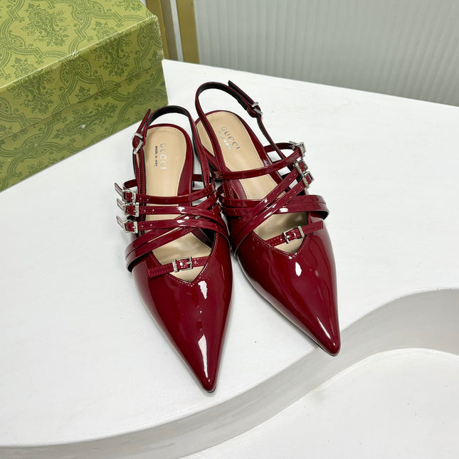 STRAPPY FLAT SLINGBACK IN SCARLET RED GLOSSY CALFSKIN