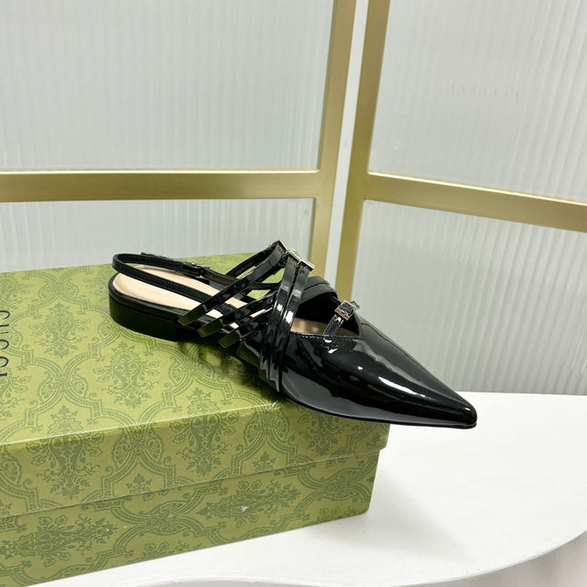 STRAPPY FLAT SLINGBACK IN BLACK GLOSSY CALFSKIN