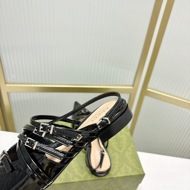 STRAPPY FLAT SLINGBACK IN BLACK GLOSSY CALFSKIN