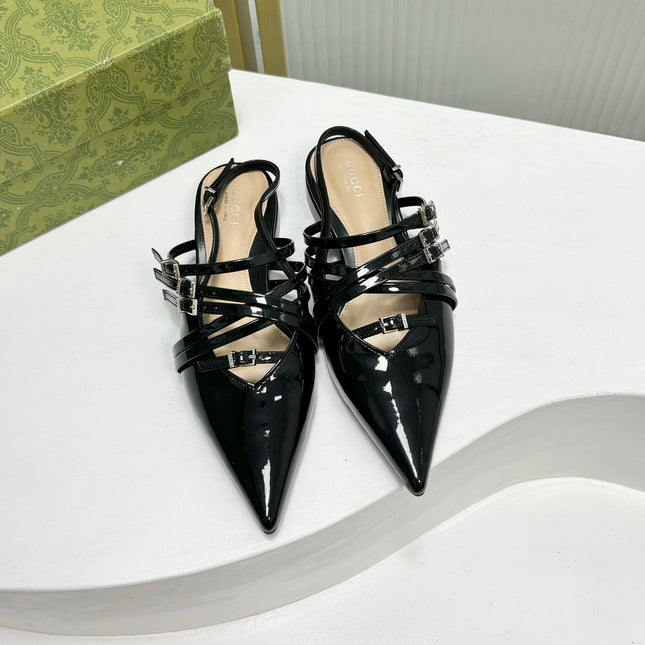 STRAPPY FLAT SLINGBACK IN BLACK GLOSSY CALFSKIN