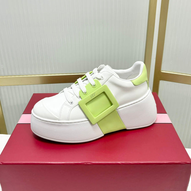 VIV' SKATE SNEAKERS IN WHITE CALFSKIN LIGHT NEON GREEN GLITTER STRAP AND CRYSTAL BUCKLE