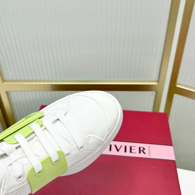 VIV' SKATE SNEAKERS IN WHITE CALFSKIN LIGHT NEON GREEN GLITTER STRAP AND CRYSTAL BUCKLE