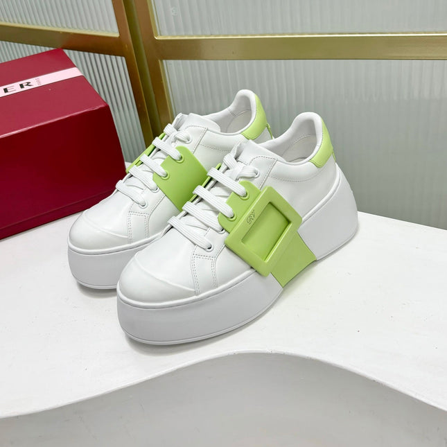VIV' SKATE SNEAKERS IN WHITE CALFSKIN LIGHT NEON GREEN GLITTER STRAP AND CRYSTAL BUCKLE