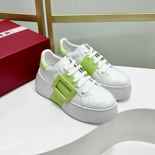 VIV' SKATE SNEAKERS IN WHITE CALFSKIN LIGHT NEON GREEN GLITTER STRAP AND CRYSTAL BUCKLE