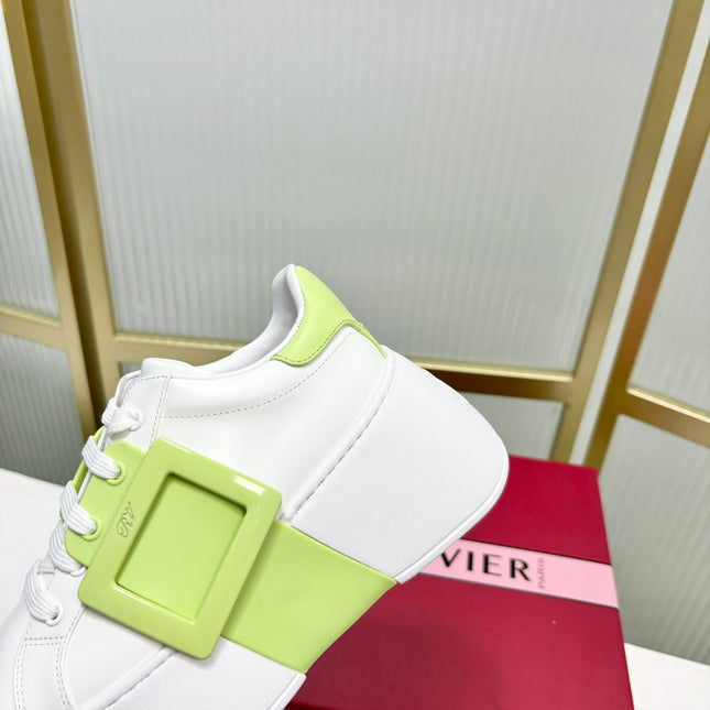 VIV' SKATE SNEAKERS IN WHITE CALFSKIN LIGHT NEON GREEN GLITTER STRAP AND CRYSTAL BUCKLE
