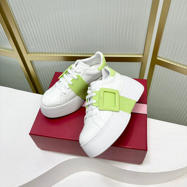 VIV' SKATE SNEAKERS IN WHITE CALFSKIN LIGHT NEON GREEN GLITTER STRAP AND CRYSTAL BUCKLE