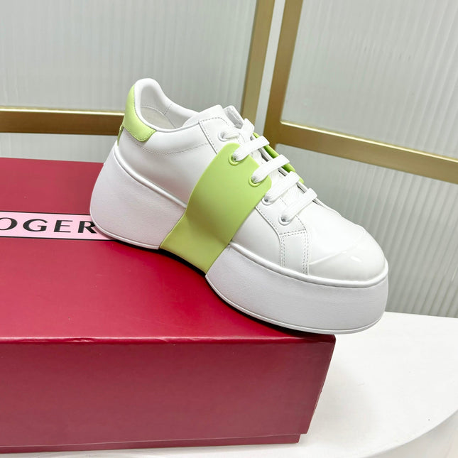 VIV' SKATE SNEAKERS IN WHITE CALFSKIN LIGHT NEON GREEN GLITTER STRAP AND CRYSTAL BUCKLE