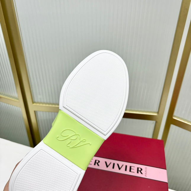 VIV' SKATE SNEAKERS IN WHITE CALFSKIN LIGHT NEON GREEN GLITTER STRAP AND CRYSTAL BUCKLE