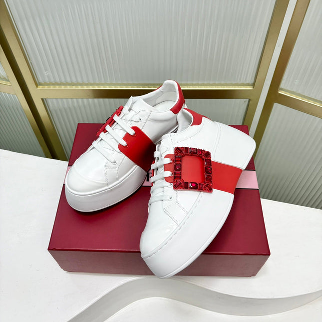 VIV' SKATE SNEAKERS IN WHITE CALFSKIN RED GLITTER STRAP AND CRYSTAL BUCKLE