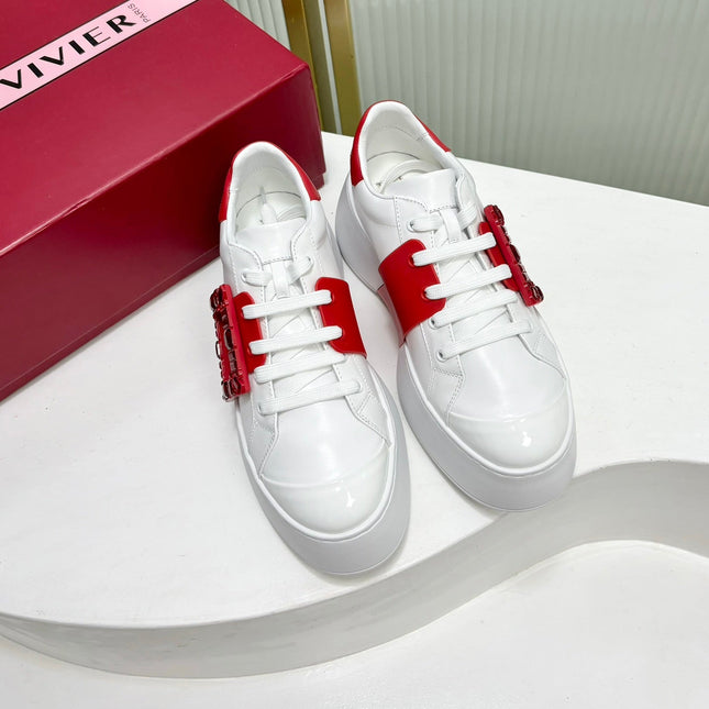 VIV' SKATE SNEAKERS IN WHITE CALFSKIN RED GLITTER STRAP AND CRYSTAL BUCKLE