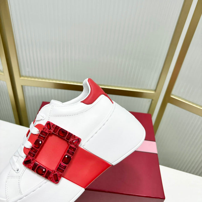 VIV' SKATE SNEAKERS IN WHITE CALFSKIN RED GLITTER STRAP AND CRYSTAL BUCKLE