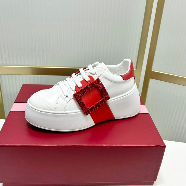 VIV' SKATE SNEAKERS IN WHITE CALFSKIN RED GLITTER STRAP AND CRYSTAL BUCKLE